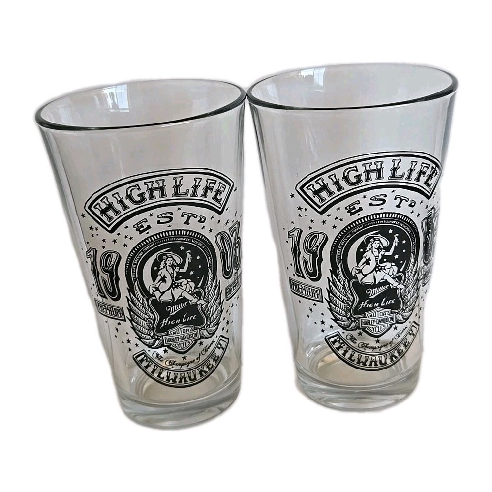 Set of 2 Miller High Life Harley Davidson 20oz Large Pint Glasses Milwaukee Beer